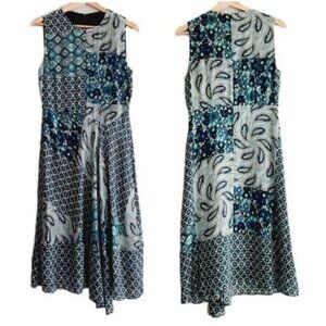 ELIE TAHARI 100% Silk Midi Dress Asymmetrical Paisley Floral Blue Sz S